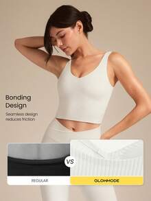 GLOWMODE FeatherFit™-Ribbed Fresh Start Buttery-Soft Stretchy Bonding Flattering Seam Crop Tank Top Bra Low Impact Yoga Studio Gym Daily Casual Wear Removable Cups