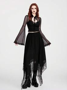 Breakform 女士哥特式性感透视网纱拼接针织面料荷叶边前襟钥匙孔系带喇叭袖修身短款上衣 - 黑色 - 查看 7