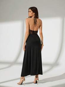 Bluhae Elegant Sexy Spaghetti Strap Lace Hollow Out Waist Midi Dress For Women - Black - View 2