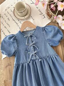 LMoss Kids 女童蓝色牛仔泡泡袖蝴蝶结连衣裙 - 淺色水洗藍 - 查看 5