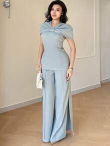 Modelyn Women's Elegant Commuter Poncho Top And Pants Set - Blue - View 1