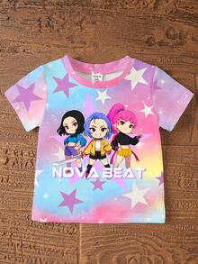 SHEIN 两件套少女休闲韩流卡通扎染图案短袖针织T恤和配套扎染短裤套装，适合女孩日常和假日穿着的舒适针织服装，运动时尚套装 - 彩色 - 查看 7