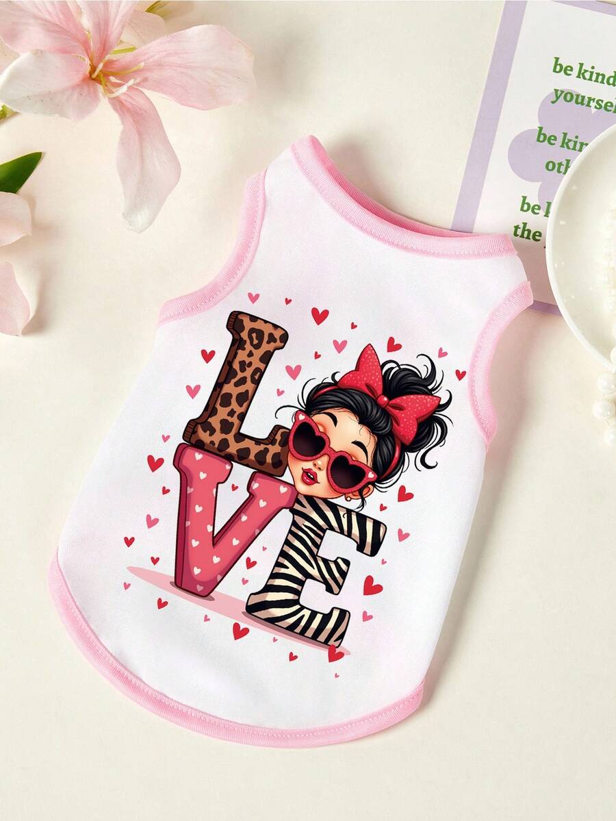 PETSIN 1pc Cool Letter LOVE Printed Pet Tank Top, Breathable And Skin Friendly, Pink White - Multicolor - View 1