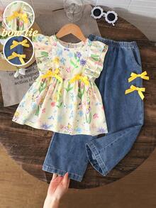 SHEIN Vintaside Kids 2026春夏新款，甜美黄色碎花印花荷叶袖圆领套装上衣，适合年轻女孩，可爱风格，幼儿女童碎花印花荷叶边上衣，幼儿女童纯棉服装，可爱复古风格女童套装，女童衬衫套装，儿童女童服装，黄色涤纶可爱无袖荷叶边圆领常规款上衣，植物图案，适合年轻女孩，年轻女孩黄色涤纶可爱荷叶边圆领常规款上衣，植物图案。优雅派对礼服。 - 黃色 - 查看 7