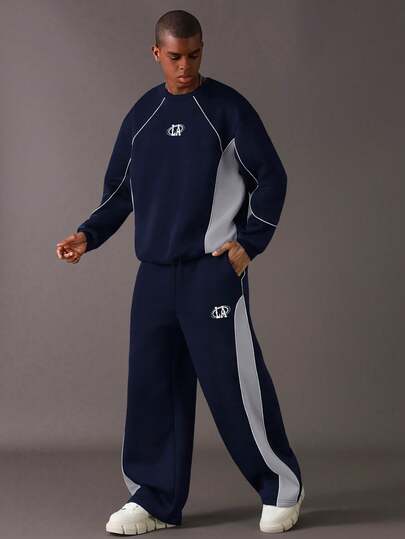 STYNVO 男士字母印花撞色圆领长袖套头卫衣和斜插口袋运动裤套装