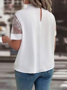EMERY ROSE Auvina Plus Size Women's Solid Color Elegant Twist Collar Lace Patchwork Plus Size Blouse - White - View 2