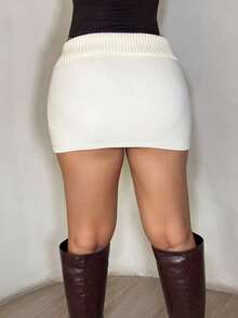 Dayanna Comas Damen einfarbiger gestrickter gerippter Lässig vielseitiger Pullover Rock, koreanischer Stil für Herbst/Winter - Aprikosenfarben - Übersicht 2