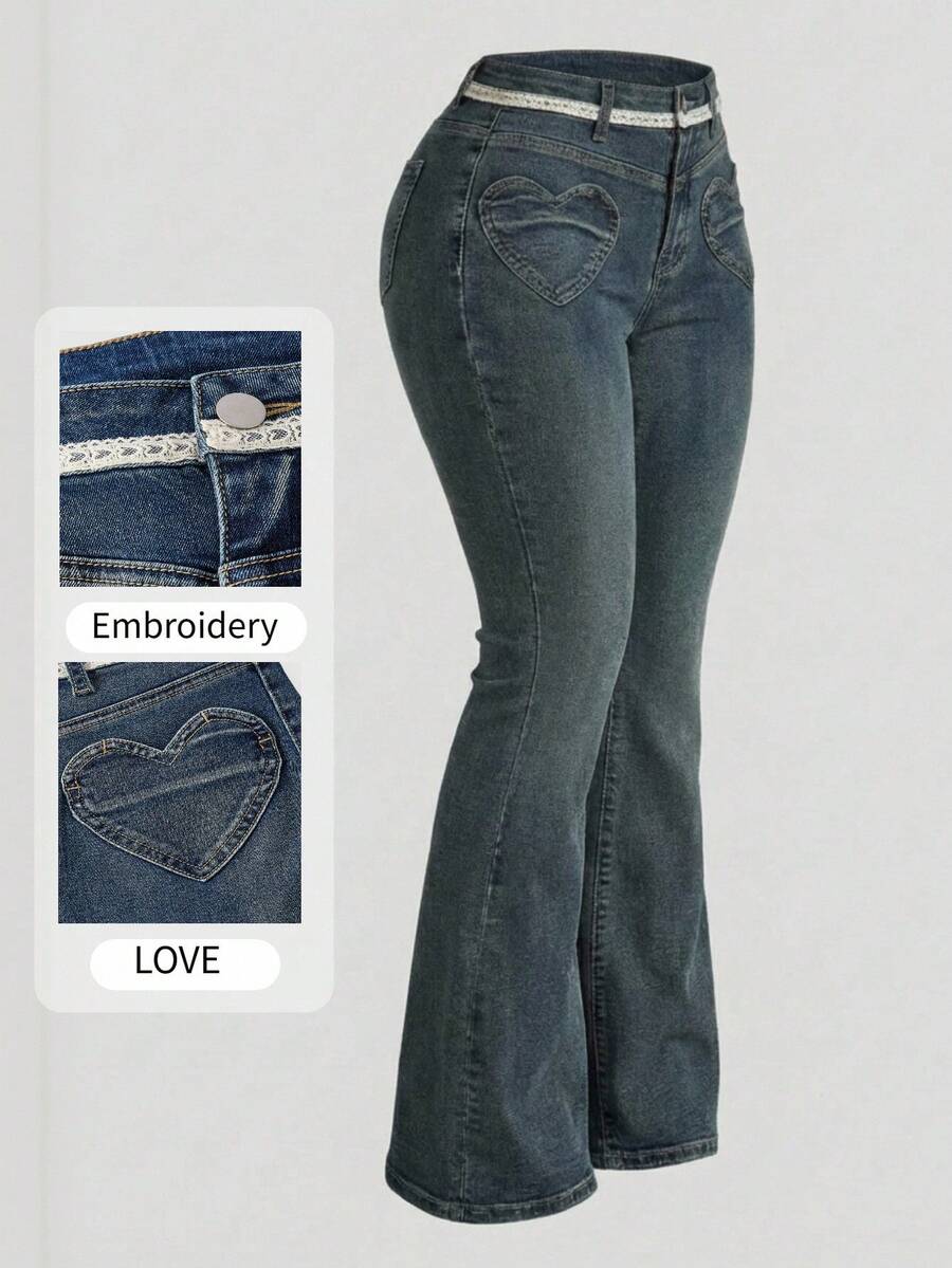 Sweetra Women's Fashion Casual Versatile Heart Pocket Skinny Flare Leg Jeans - Dark Wash - View 1