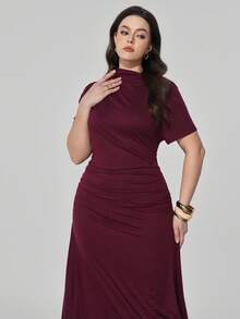 Maija Plus Size Women Burgundy Solid Stand Collar Short Sleeve Ruched Pleated Elegant Maxi Dress, Summer Wedding Party Beach Vacation Casual Outfit - Brown - View 4
