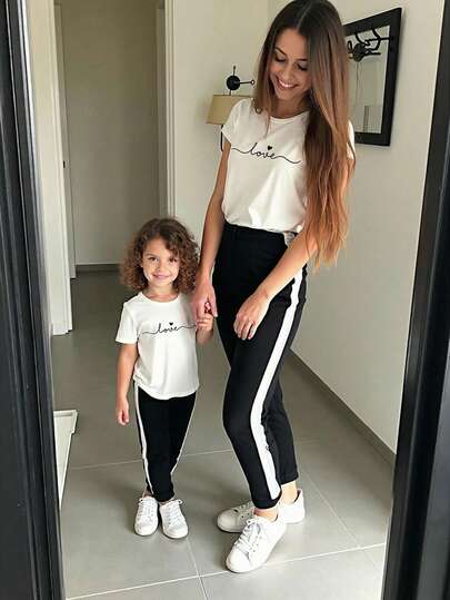 2pcs Baby Girls Casual Versatile Heart & Letter Print Round Neck Short Sleeve Top And Leggings Set, Suitable For Spring, Summer, Autumn