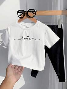 2pcs Baby Girls Casual Versatile Heart & Letter Print Round Neck Short Sleeve Top And Leggings Set, Suitable For Spring, Summer, Autumn - Black and White - View 2
