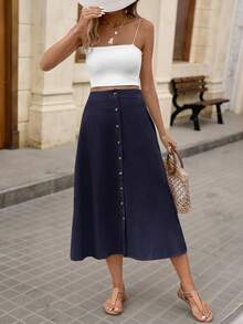 Brillora Rok Panjang Model A-Line Kasual Berwarna Biru Dongker untuk Wanita - Navy Blue - View 5