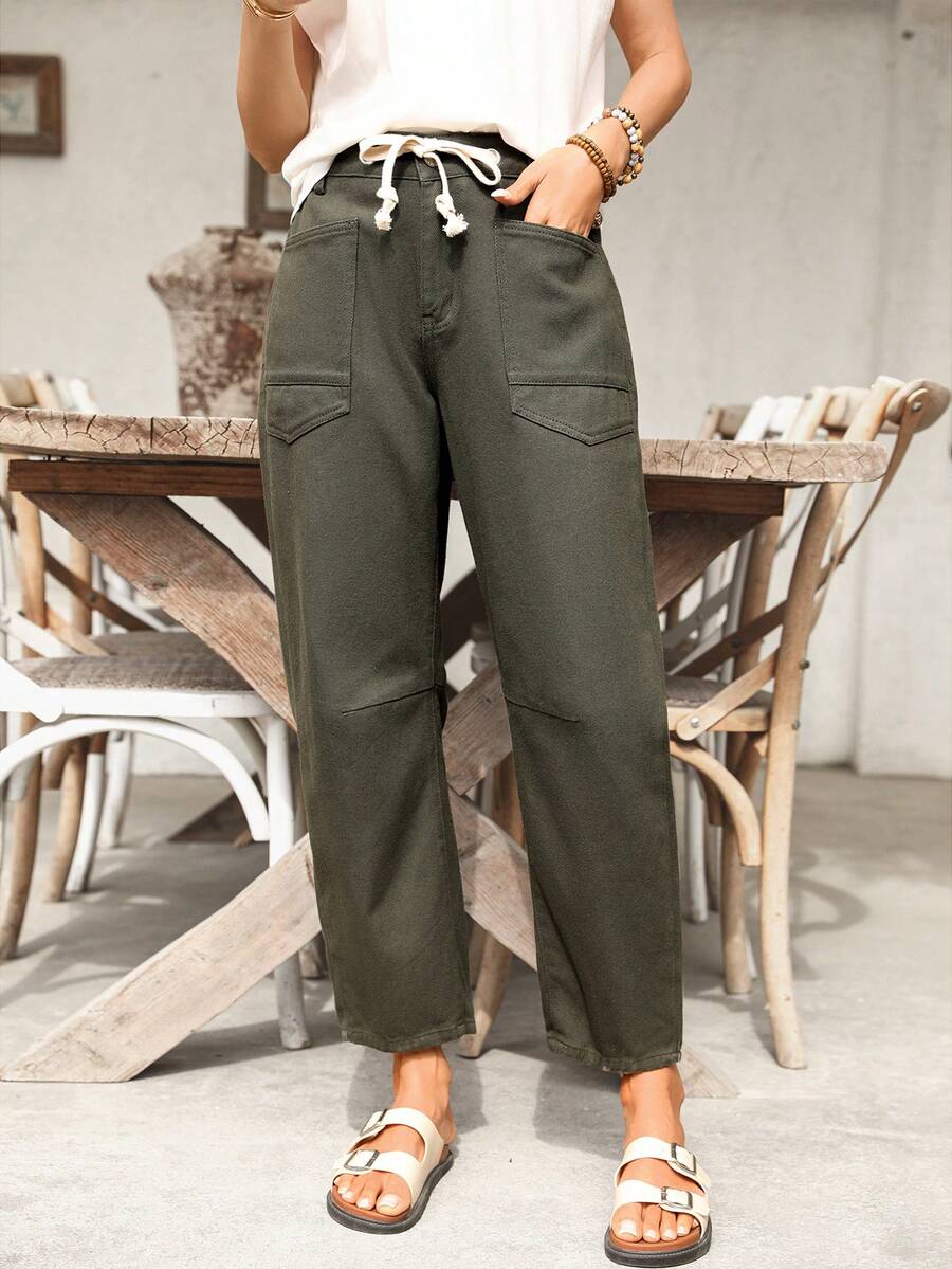 EMERY ROSE New Design Drawstring Waist Slim Fit Women Cropped Jeans - Army Green - View 1