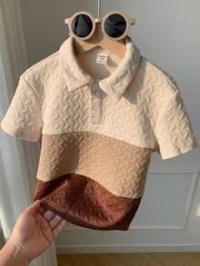 SHEIN Young Boys' Textured Fabric Simple Silhouette Khaki Colorblock Polo Shirt, Casual Collegiate Comfortable & Fashionable, Versatile & Practical, Soft Fabric Suitable For Daily Wear, Travel, Outdoor, Holidays, Beach Vacation, Summer, Festivals, Spring/Summer - Multicolor - View 4