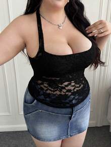 CovetEZ 大码女士性感蕾丝露背吊带背心 - 黑色 - 查看 3