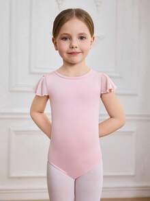 少女优雅可爱荷叶袖专业芭蕾舞紧身衣带裙，健身服 - 粉色 - 查看 3