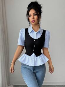 Elenzga Women's Collared Blue & White Striped Puff Sleeve Fitted Splice Blouse, Fashionable Daily Wear, Commute, Elegant New Style Black Shirt - Multicolor - View 5