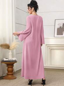 Yasmyna Áo Kaftan & Jalabiya nữ tay dài cổ vuông màu hồng, thêu hoa thủ công, trang trí nơ, cổ áo bằng vải dệt, dành cho nữ. - Hồng - Xem 3