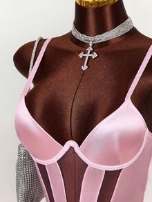 Amplova Áo liền thân hai dây phối lưới gợi cảm dành cho nữ, thích hợp cho mùa hè. - Hồng - Xem 3