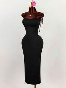 Amplova 宽松领口细肩带蝴蝶结露背褶皱高开衩紧身长裙 - 黑色 - 查看 4