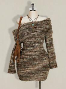 SHEIN ICON Plus Size Knit Dress, Warm Winter Dress, Striped Sweater Asymmetrical Shoulder Dress - Multicolor - View 1