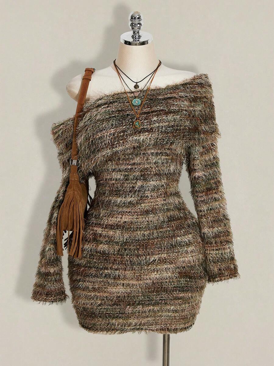 SHEIN ICON Plus Size Knit Dress, Warm Winter Dress, Striped Sweater Asymmetrical Shoulder Dress - Multicolor - View 1