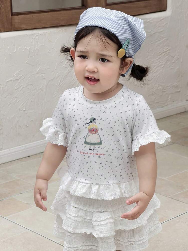 Toddler Girls' Round Neck All-Over Korean Style Allover Print Long Sleeve Top