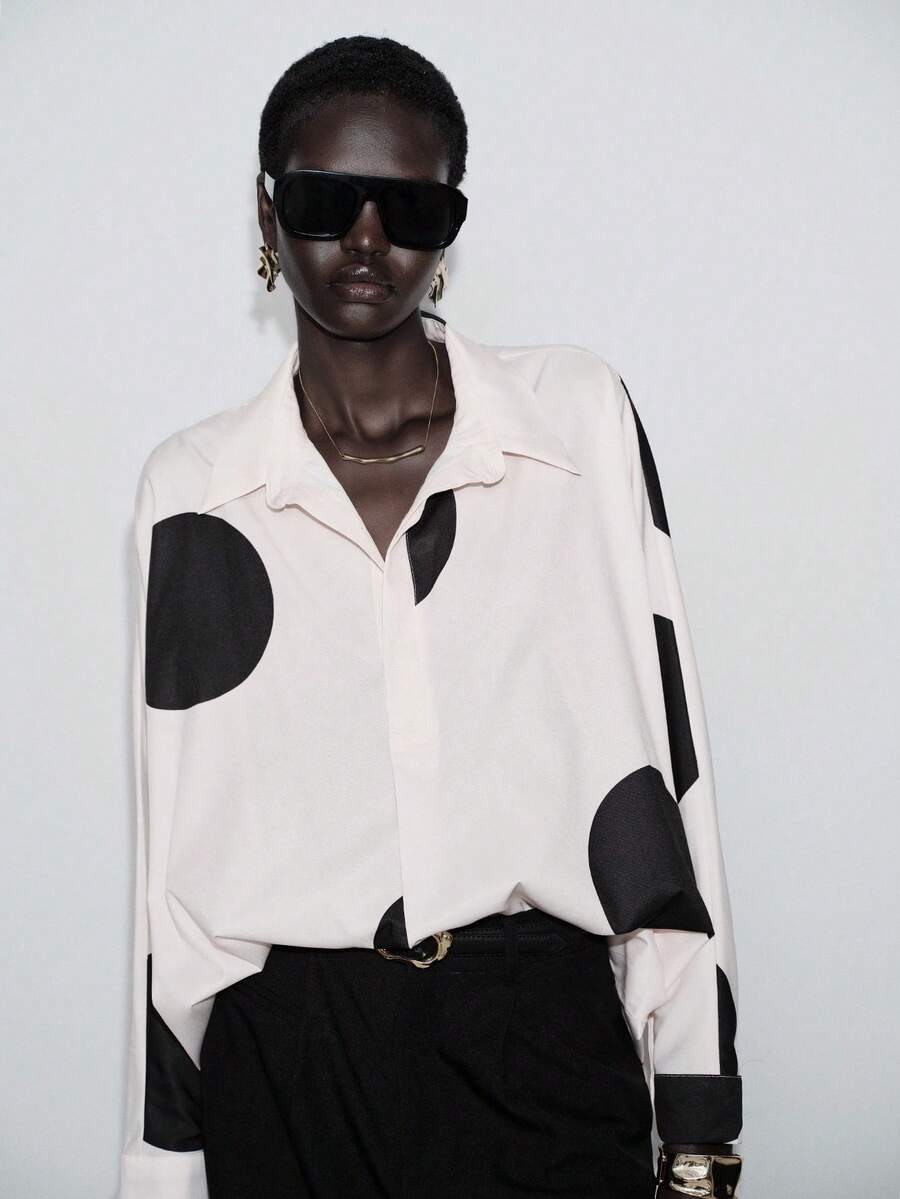 Lumivelle 女士休闲撞色印花蝙蝠袖衬衫，春秋季 - 杏色 - 查看 1