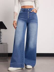 SHEIN Tall TALL Summer And Spring Women's Casual Going Out Washed High Waist Wide Leg Jeans - Medium Wash - View 7