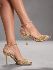 CUCCOO SZL Giày cao gót mũi nhọn đính đá lấp lánh thời trang mới dành cho nữ, thích hợp cho các bữa tiệc, dịp trang trọng, Halloween, Lễ Tạ ơn, Giáng sinh. - Vàng - Xem 1