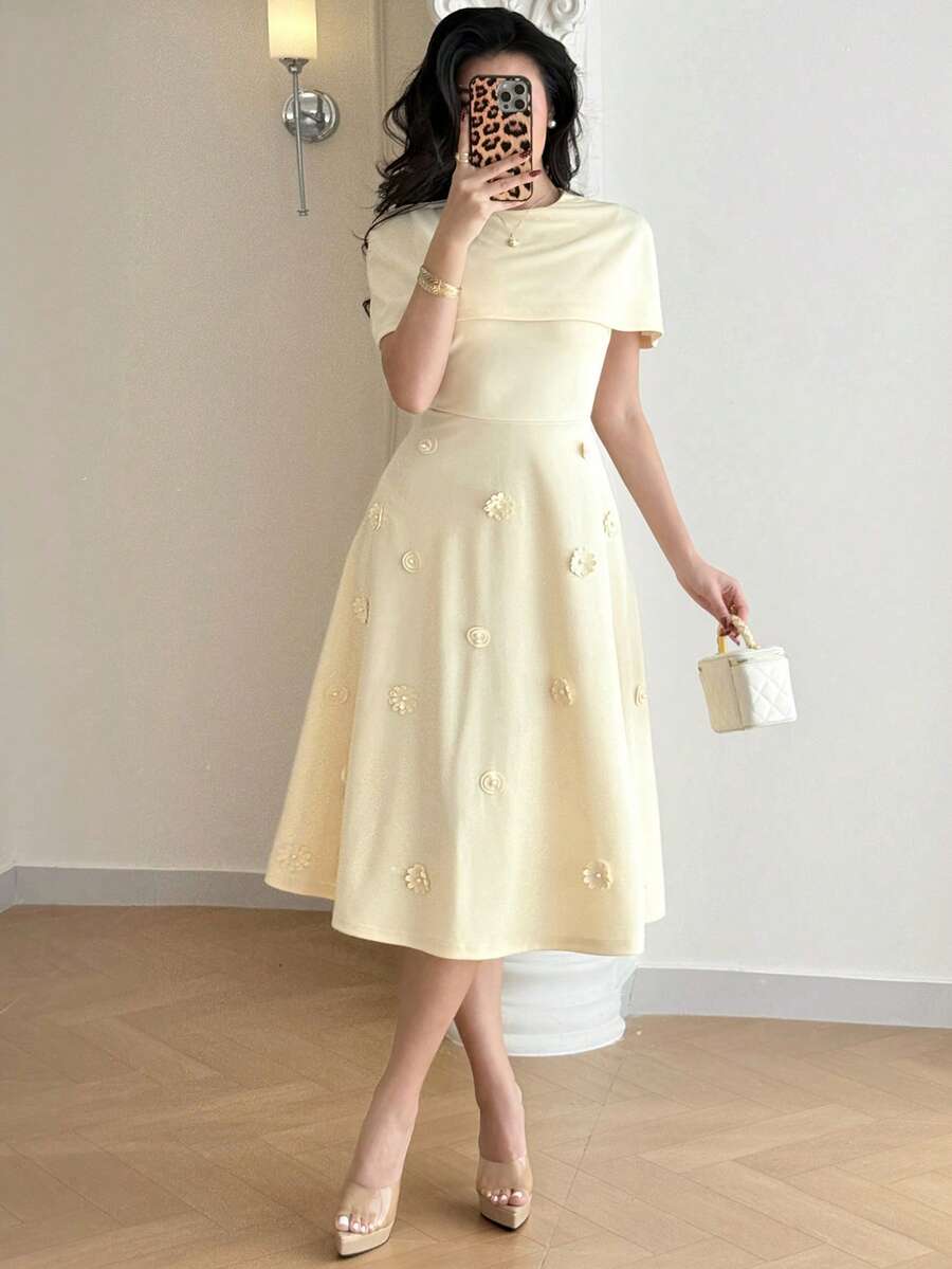 Feyla 女士优雅纯色贴花A字连衣裙，夏季 - 黃色 - 查看 1