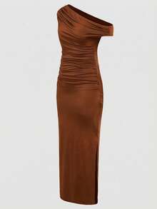 SHEIN 少女休闲优雅不对称领口褶皱腰身修身针织长裙，适合万圣节派对、返校装扮、聚会等场合，棕色 - 棕色 - 查看 6