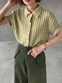 FRIFUL 女士纯色纹理短袖休闲T恤 夏季 - 黃色 - 查看 7