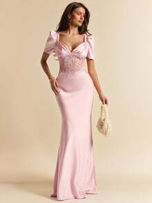 SHEIN BAE Spring/Summer Sexy Deep V-Neck Halter Waist Lace Hollow Splice Fishtail Satin Short Sleeve Maxi Dress, Suitable For Cocktail Party, Romantic Date, Party, Formal Gathering, Bridesmaid Dress, Evening Dress, Brunch Dress, Valentine's Day, Tea Party, Lace Dress - Pink - View 1