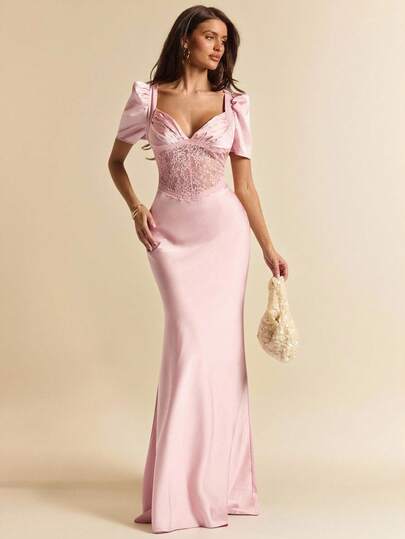 SHEIN BAE Spring/Summer Sexy Deep V-Neck Halter Waist Lace Hollow Splice Fishtail Satin Short Sleeve Maxi Dress, Suitable For Cocktail Party, Romantic Date, Party, Formal Gathering, Bridesmaid Dress, Evening Dress, Brunch Dress, Valentine's Day, Tea Party, Lace Dress