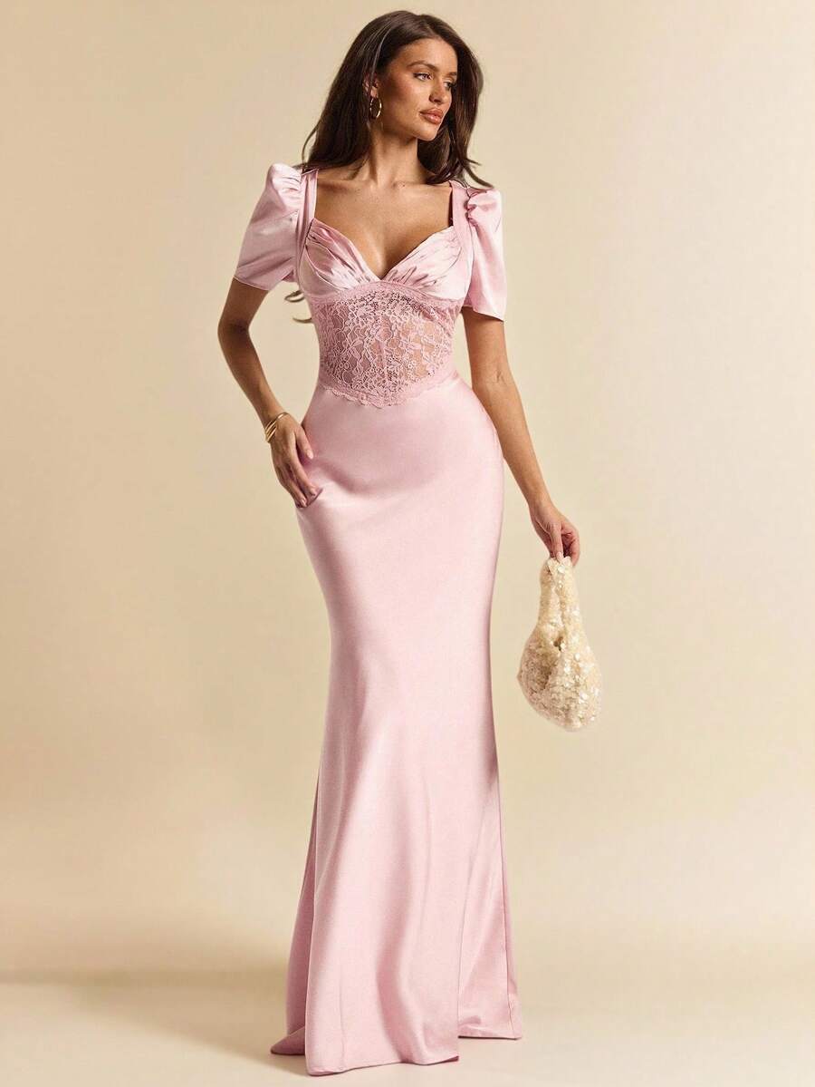 SHEIN BAE Spring/Summer Sexy Deep V-Neck Halter Waist Lace Hollow Splice Fishtail Satin Short Sleeve Maxi Dress, Suitable For Cocktail Party, Romantic Date, Party, Formal Gathering, Bridesmaid Dress, Evening Dress, Brunch Dress, Valentine's Day, Tea Party, Lace Dress - Pink - View 1