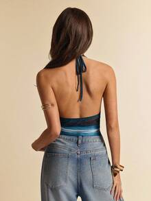 SHEIN BAE Áo tank top hở lưng cổ chữ V màu xanh dương, áo hai dây ôm sát, kiểu dáng bohemian gợi cảm và thanh lịch, thích hợp cho kỳ nghỉ biển. - Màu xanh lam - Xem 3