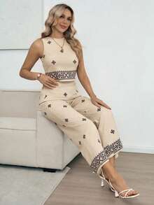 Louniche 女士春秋季雪纺印花圆领无袖上衣和阔腿裤两件套 - 彩色 - 查看 6