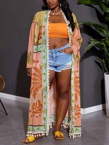 SHEIN CURVE+ Plus Size Women's Fully Printed Fringe Decoration Casual Vacation Long Sleeved Cover, Women's Summer Outfit, Women's Beach Outfit, Floral, Transparent, Holiday Outfit, Women's Beach Outfit, Dress Up, Ladies, Sarong, Elegant Set, Ladies' Palm Tree, Christmas, New Year, Thanksgiving Outfit - Multicolor - View 4