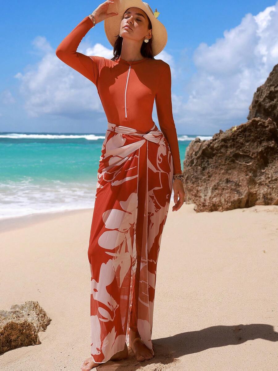 Swim Shayni 春夏沙滩休闲度假前拉链长袖连体裤+印花网纱裙两件套，中东连体泳衣 - 亮橙色 - 查看 1