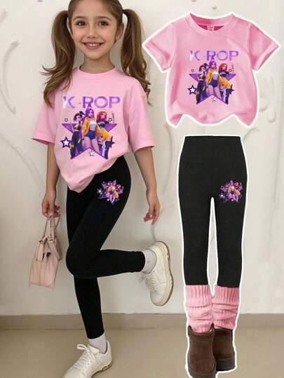 1 set unga flickor avslappnad bekväm trendig 3D-tecknad anime K-POP-tjej karaktärsmönster rosa kortärmad t-shirt och leggings set, lämplig för utomhusbruk på vår/sommar