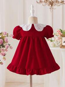 SHEIN LMoss Kids 女嬰紅色泡泡袖彼得潘領洋裝，休閒舒適，可愛女嬰款 - 紅色 - 查看 3