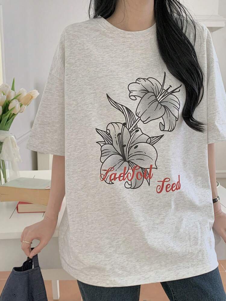 Women's Letter & Floral Print Round Neck Dropped Shoulder Casual Loose T-Shirt Graphic Tees Women