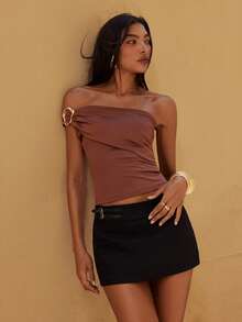 Opulessa Coffee Brown Summer Elegant Date Night Knit Fitted Top For Women,Casual Beach Vacation Solid Color,Luxury Evening Top For Weddings,Ceremony - Brown - View 3