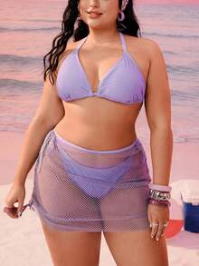 Swim Vcay 新款加大码女式三件套比基尼，紫色网纱，三角上衣，系带下装，网纱迷你裙，泳衣 - 紫色 - 查看 5