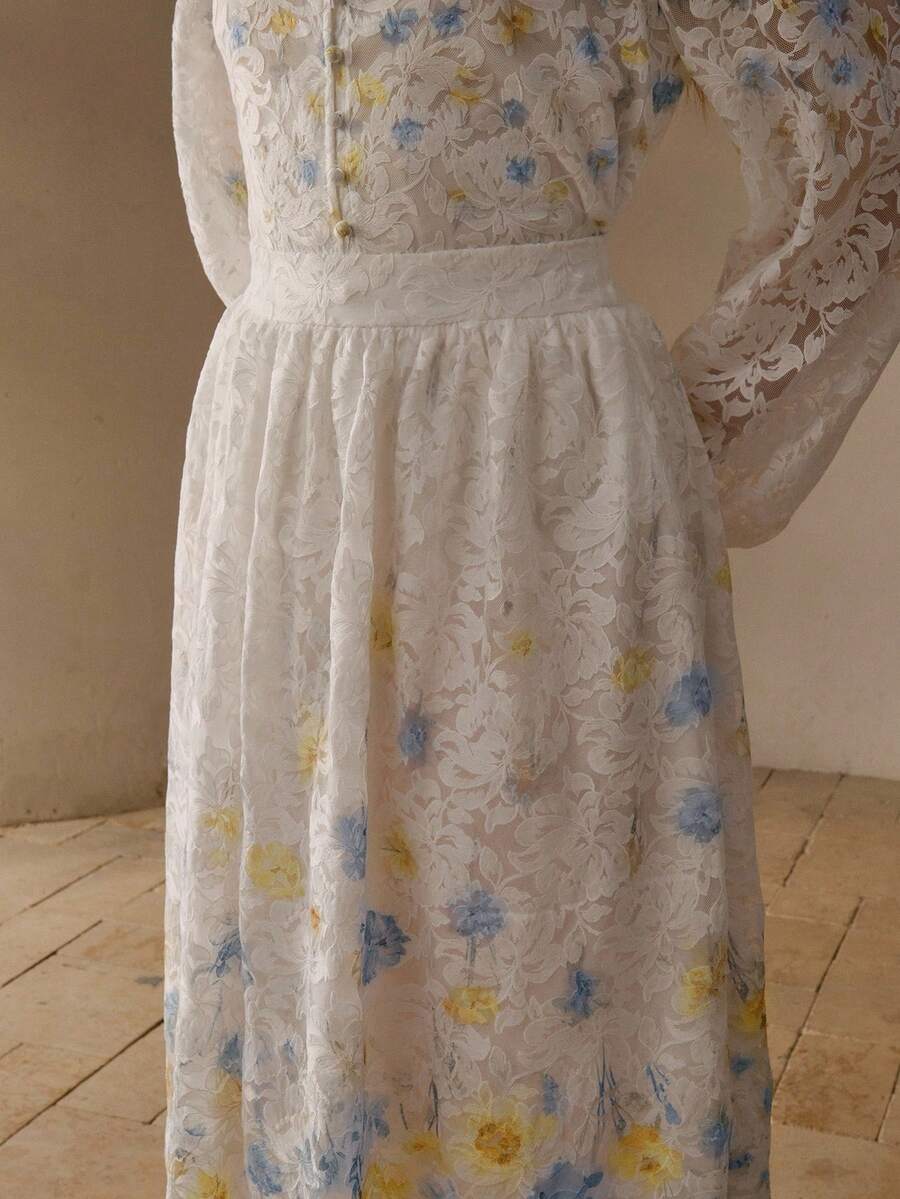 MOTF PREMIUM 蕾丝印花喇叭裙 - 白色 - 查看 2