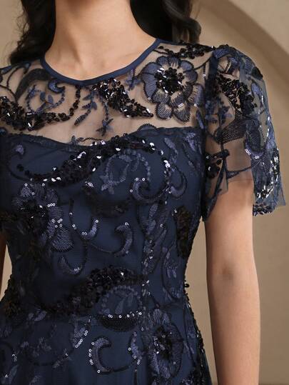 DAZY Women's Elegant Floral Sequin Embroidery Round Neck Puff Sleeve Dress, Summer Wedding Guest Dress