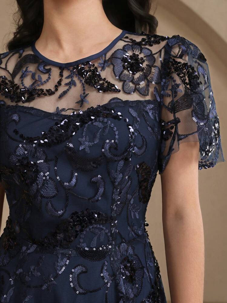 Women's Elegant Floral Sequin Embroidery Round Neck Puff Sleeve Dress, Summer Wedding Guest Dress Sundress