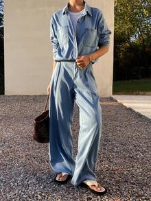 DAZY 女士休闲水洗口袋衬衫和阔腿牛仔裤套装，春秋季，婚礼宾客礼服 - 藍色 - 查看 6
