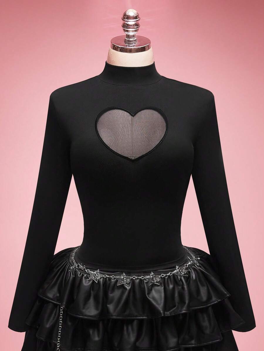 SHEIN ICON Áo kiểu dáng ôm sát, cổ tàu, tay dài, hình trái tim dành cho nữ cỡ lớn. - màu đen - Xem 1